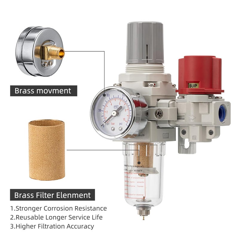LNCHKA Pneumatic Air Compressor Filter Regulator Combo 1/4" NPT 0-150 PSI,Pressure relief 3 port valve,Manual Drain,5 Micron Brass Element - Image 4